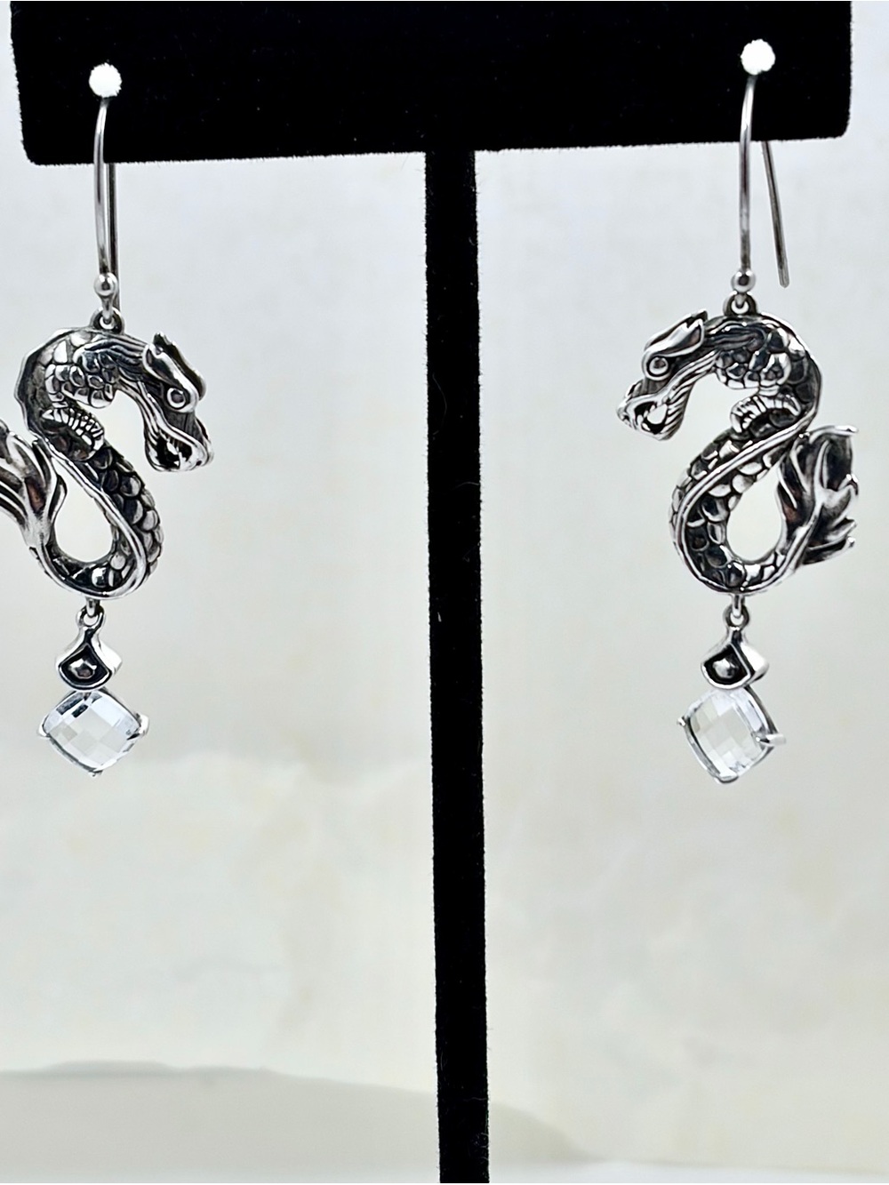 John Hardy Silver Dragon Drop Earrings with Clear Crystal Dangles